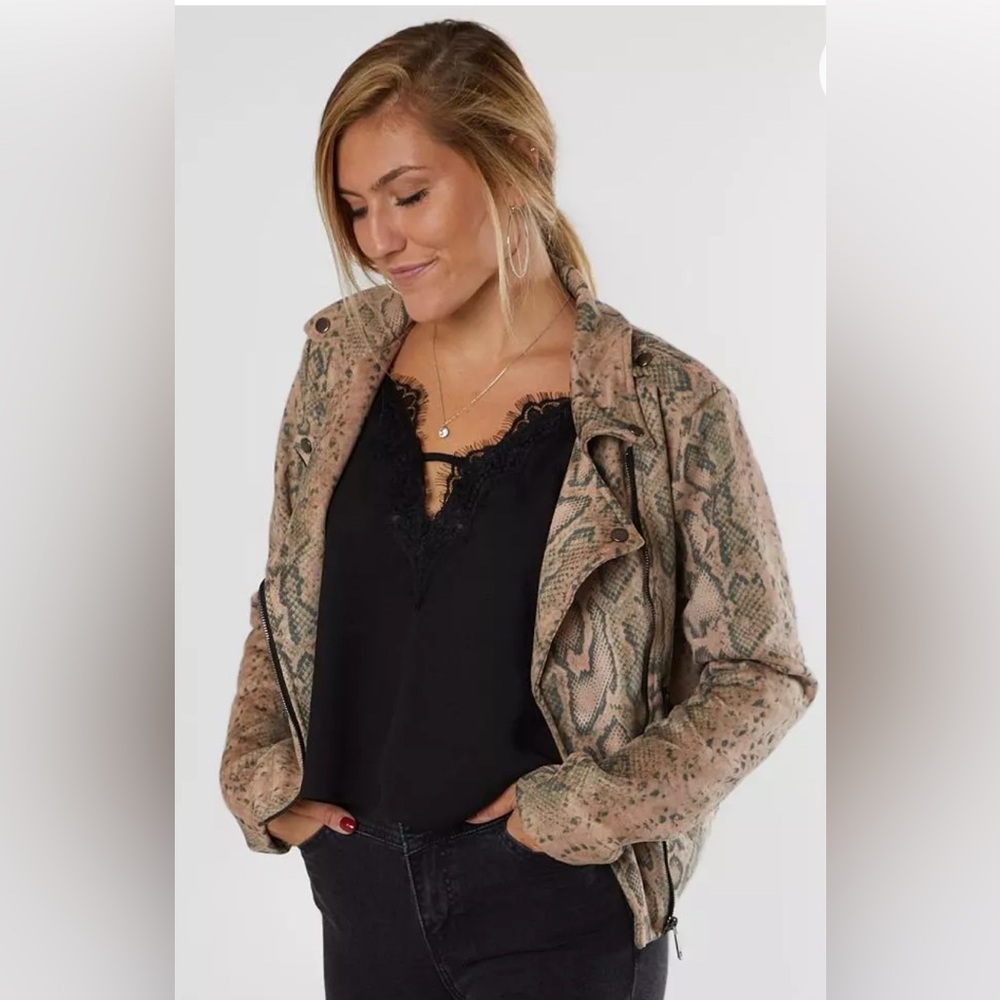 Willow & Root Snake Print Black and Tan Moto Jacket Sz XL